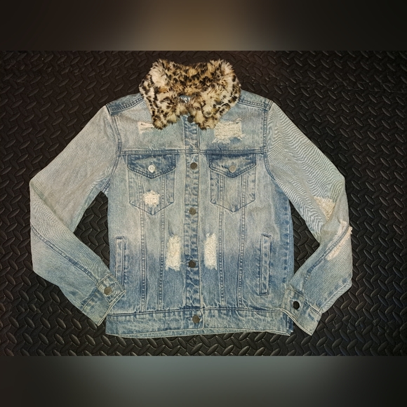 Guns n' Rose's Denim faux cheetah fur collared jacket - Picture 1 of 9